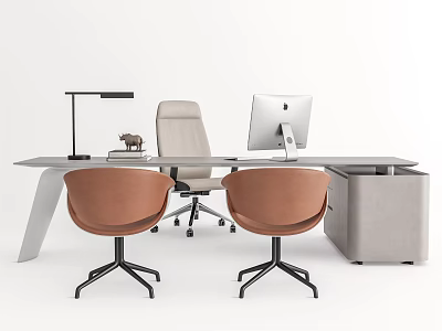Modern Office Desk With Computer Monitor Desk Lamp Brown And Gray Chairs And Cabinet 3d model