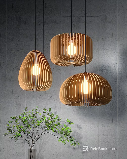 Wooden Pendant Lights with Striped Design Illuminated Against Gray Wall and Green Plant 3d model 