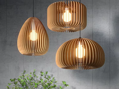 Wooden Pendant Lights with Striped Design Illuminated Against Gray Wall and Green Plant 3d model