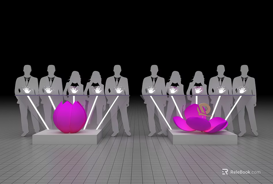 Silhouette Figures Activating Flower Shaped Devices With Light Beams On White Platforms 3d model 