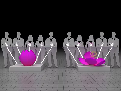 Silhouette Figures Activating Flower Shaped Devices With Light Beams On White Platforms 3d model