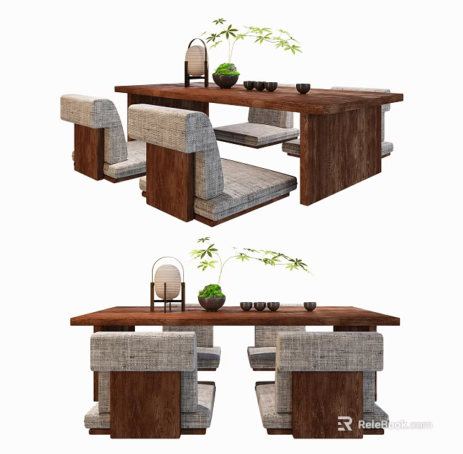 Elegant Wooden Tea Table and Upholstered Chairs with Green Plants and Tea Sets 3d model 