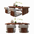 Elegant Wooden Tea Table and Upholstered Chairs with Green Plants and Tea Sets