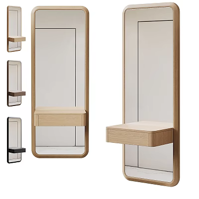 Modern Wall Mirror With Wooden Frame And Attached Shelf In Black And Natural Tones 3d model