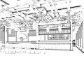 Elegant Japanese Restaurant Interior With Pink Cherry Blossoms Hanging Lanterns And Wooden Bar Counter