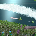 Military Submarine Navigating Underwater City With Sunlight Beams And Smoke Trails