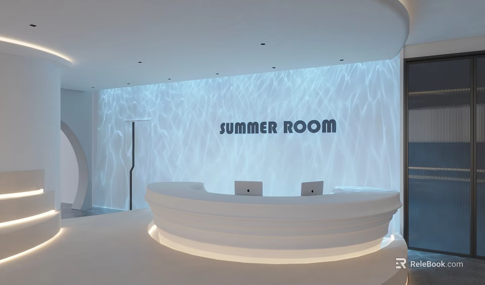 Modern Hotel Lobby With Summer Room Sign White Curved Reception Desk And Wave Texture Wall 3d model 
