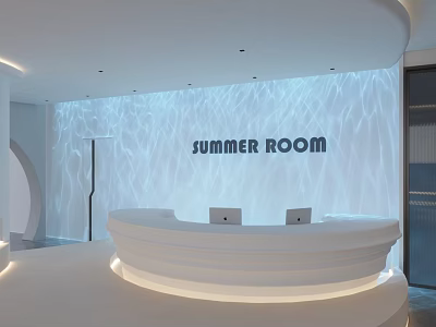 Modern Hotel Lobby With Summer Room Sign White Curved Reception Desk And Wave Texture Wall 3d model