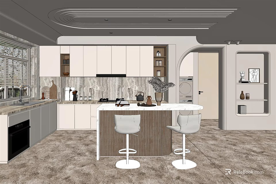 Modern Kitchen Interior Design With White Cabinets Island Counter And Bar Stools 3d model 