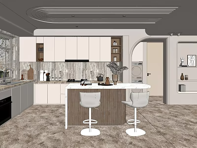 Modern Kitchen Interior Design With White Cabinets Island Counter And Bar Stools 3d model