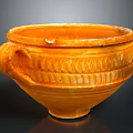 Traditional Orange Ceramic Wine Goblet With Carved Handle And Decorative Surface Patterns