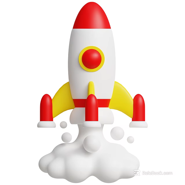 Cute Rocket Shaped Toy in Red White Yellow with White Smoke Base Design 3d model 