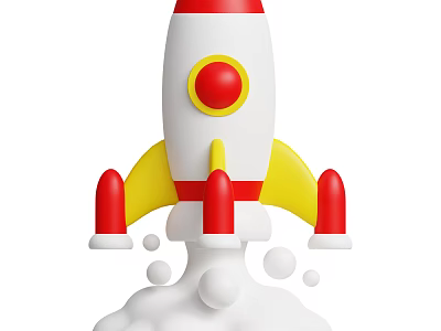 Cute Rocket Shaped Toy in Red White Yellow with White Smoke Base Design 3d model