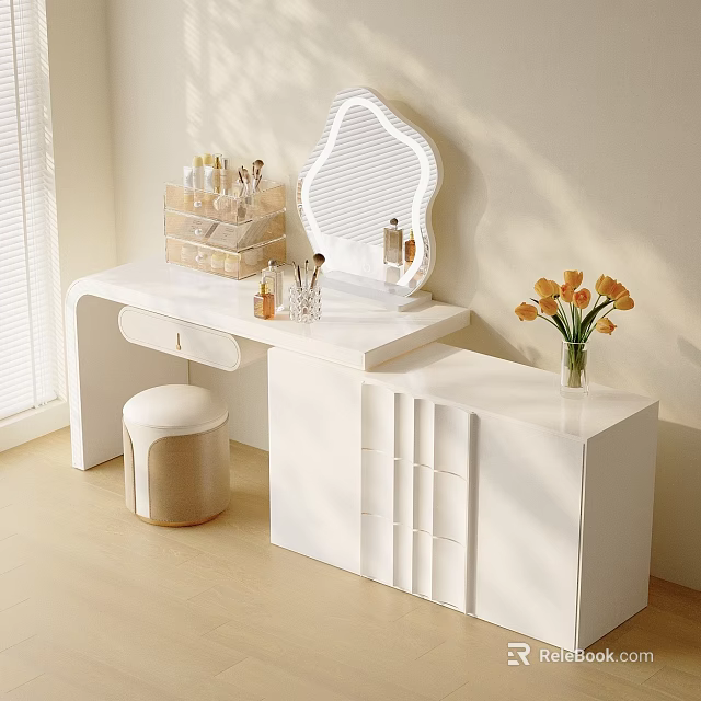Sunlit Modern White Dressing Table with Mirror Storage Organizers Stool and Flowers 3d model 
