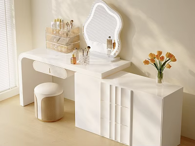 Sunlit Modern White Dressing Table with Mirror Storage Organizers Stool and Flowers 3d model