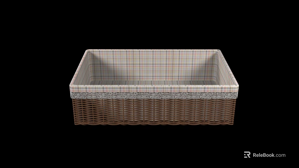 Wicker Storage Basket With Plaid Fabric Lining And Lace Trim Edge For Organizing Home Items 3d model 