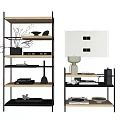 Modern Multi Tier Shelving Unit With Metal Frame Wooden Shelves And Decorative Storage Items