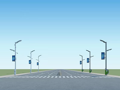 Outdoor Street Lights Lined Along Urban Road With Blue Sky And Road Markings 3d model
