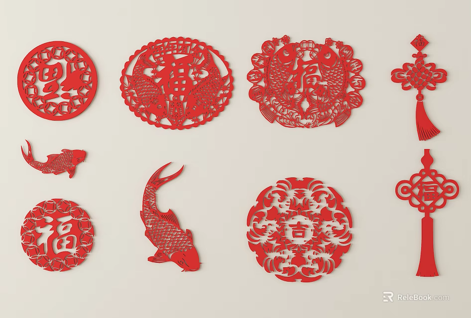 Traditional Chinese Paper Cut Art with Red Fu Character Fish Design and Circular Patterns 3d model 