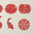 Traditional Chinese Paper Cut Art with Red Fu Character Fish Design and Circular Patterns