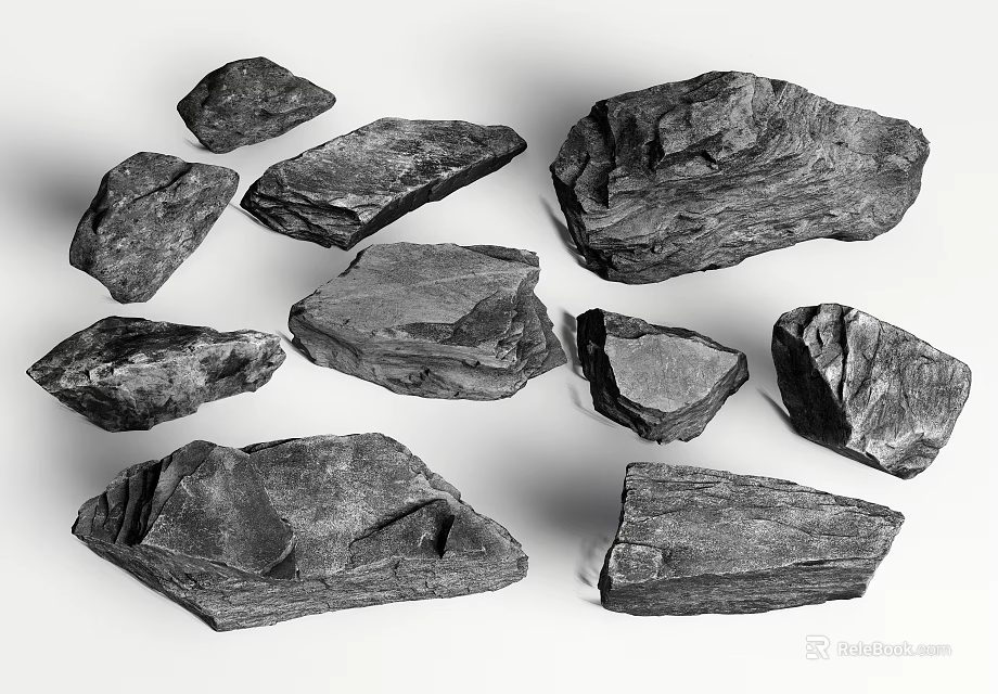 Natural Stone and Wood Pieces with Textured Surfaces and Various Shapes 3d model 