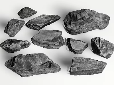 Natural Stone and Wood Pieces with Textured Surfaces and Various Shapes 3d model