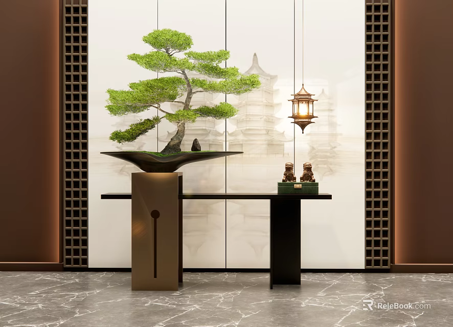 Chinese Style Console Table With Bonsai Tree And Hanging Lantern In Marble Floor Setting 3d model