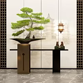 Chinese Style Console Table With Bonsai Tree And Hanging Lantern In Marble Floor Setting 3d model