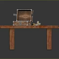 Rustic Wooden Long Table With Open Box Pink Items And Small Bowl