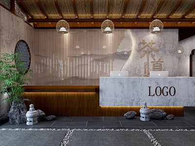 Chinese Style Tea Ceremony Shop Front Desk With Bamboo Ceiling Lantern Lights And Marble Countertop 3d model