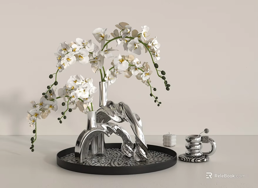 White Orchid Flowers In Modern Metallic Vase On Black Tray With Decor Accents 3d model 