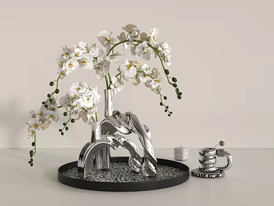 White Orchid Flowers In Modern Metallic Vase On Black Tray With Decor Accents 3d model