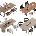 Modern Dining Table Set with Wooden Tabletop Various Chairs and Decorative Items 3d model