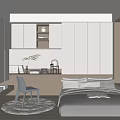 Modern Tatami Bedroom Interior With Built-in Wardrobes Study Desk Chair And Round Rug