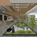 Traditional Teahouse Interior With Wooden Structures Green Plants Rockery Steps And Wooden Furniture