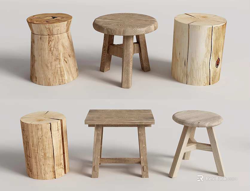 Natural Wooden Stools With Rustic Design And Various Handcrafted Shapes For Home 3d model 