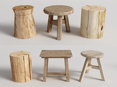 Natural Wooden Stools With Rustic Design And Various Handcrafted Shapes For Home 3d model
