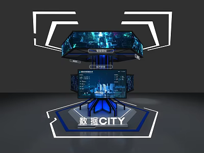 Futuristic Data City Display Island with Multiple Screens Blue Lighting and Geometric Frames 3d model