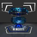 Futuristic Data City Display Island with Multiple Screens Blue Lighting and Geometric Frames 3d model