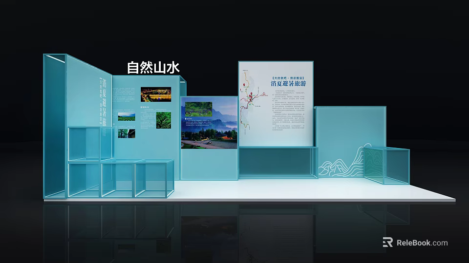 Modern Blue Exhibition Booth Design Displaying Natural Landscape Images And Information 3d model 