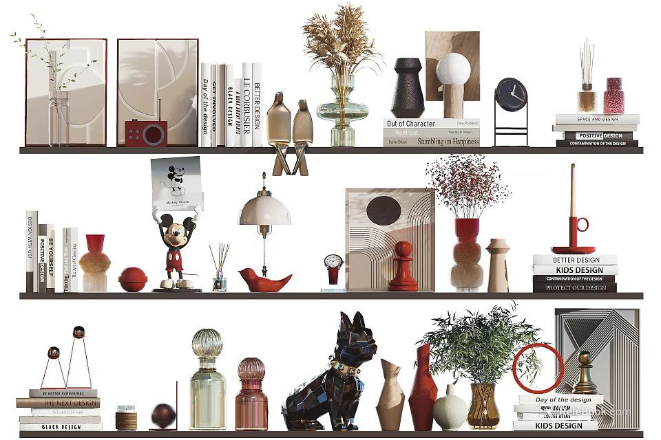Stylish Decorative Ornament Set With Vases Books Sculptures And Plants For Shelf 3d model 