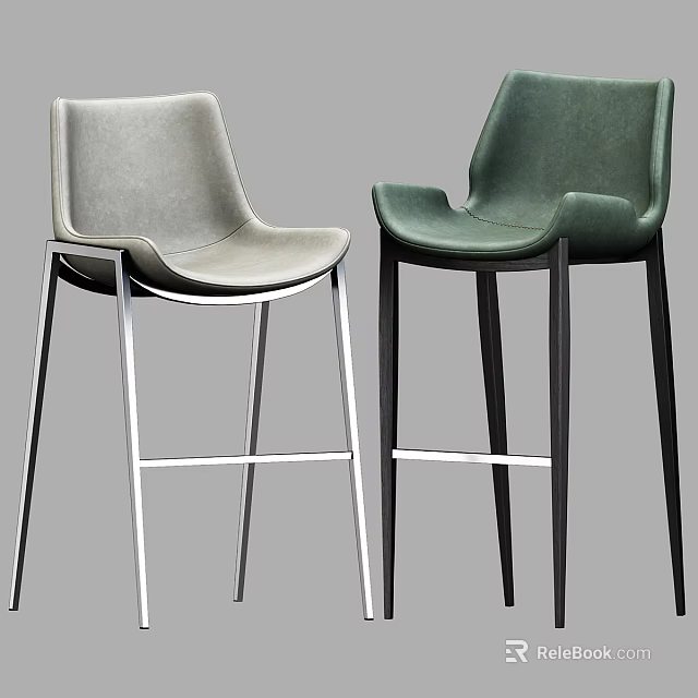 Two Modern Upholstered Bar Stools With Gray Green Seats And Metal Frames 3d model