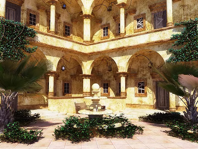 Ancient Architecture Courtyard Featuring Arched Doorways Columns Central Fountain Palm Trees And Lush Shrubs 3d model