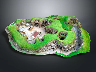 Realistic Terrain Model Featuring Green Grass Stone Walls and Ancient Depressions 3d model