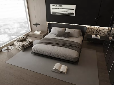 Modern Bedroom Interior With Gray Bedding Large Window Area Rug And Nightstand 3d model
