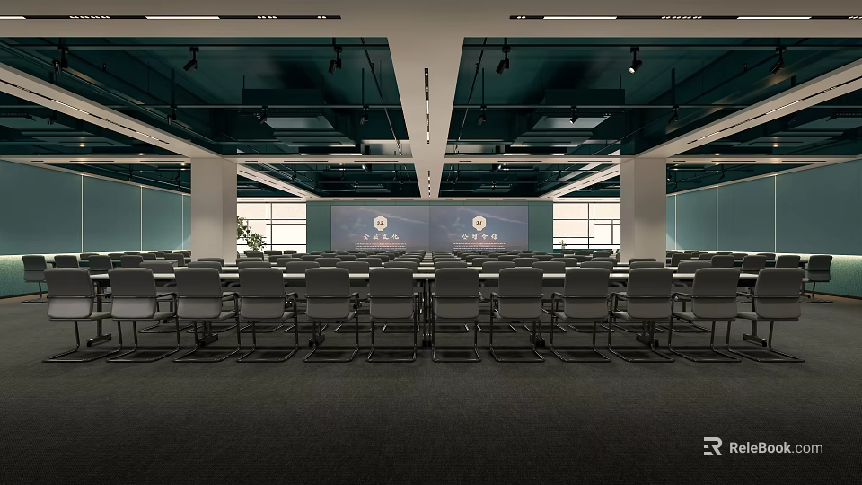 Spacious Modern Conference Room With Arranged Chairs And Large Screen 3d model 