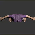 A woman with purple hair wearing purple shirt and white skirt barefoot on grey background