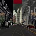 Illuminated Nighttime Commercial Street With Tall Buildings Street Lamps And Parked Cars