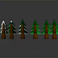 Six Green Pine Trees With Snow Covered Tops And Brown Trunks On Gray Background