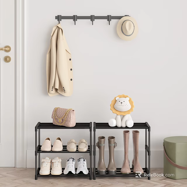 Black Multi tiered Shoe Rack with Flats Boots Pink Handbag Coat Hat and Lion Toy 3d model 
